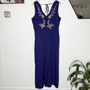 New Bloomchic‎ Blue Floral Embroidery Wide Leg Jumpsuit Womens 14-16 Boho Beach